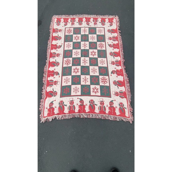 Vtg CHRISTmas Snowman Snowflake Reversible Woven Tapestry Blanket Fringe - Picture 1 of 3